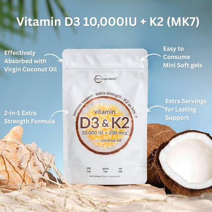 Vitamin D3 10,000 IU + K2 MK-7 200 mcg 60 pills